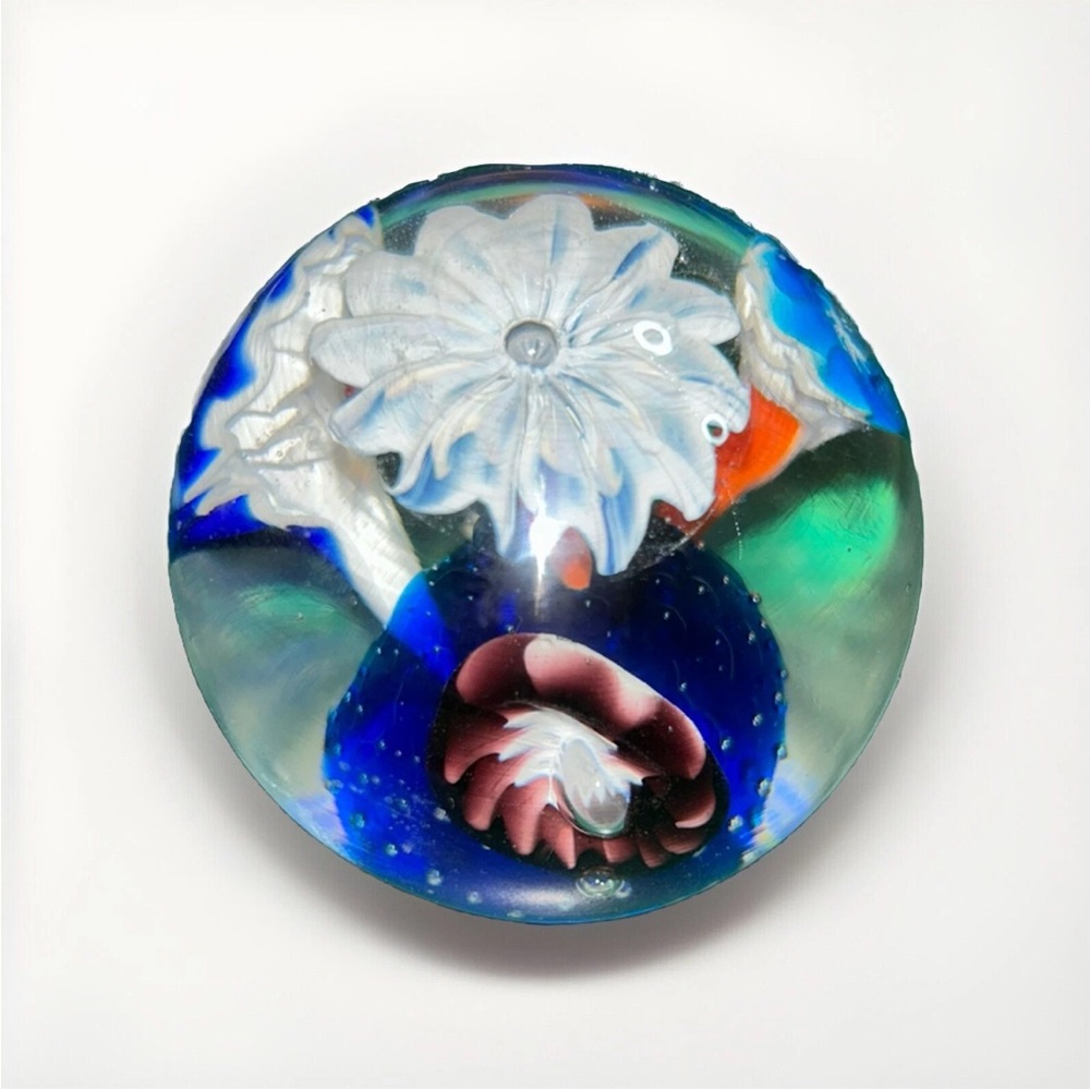 Charles Serouya & Son Floral Hand Blown Glass Crystal Paperweight Multicolored
